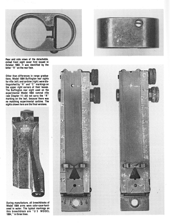 The Buffington sight shows built-in cant, rifle sight is stamped with the letter R while the carbine sight is stamped with a C. From Trapdoor Springfield by Waite and Ernst.